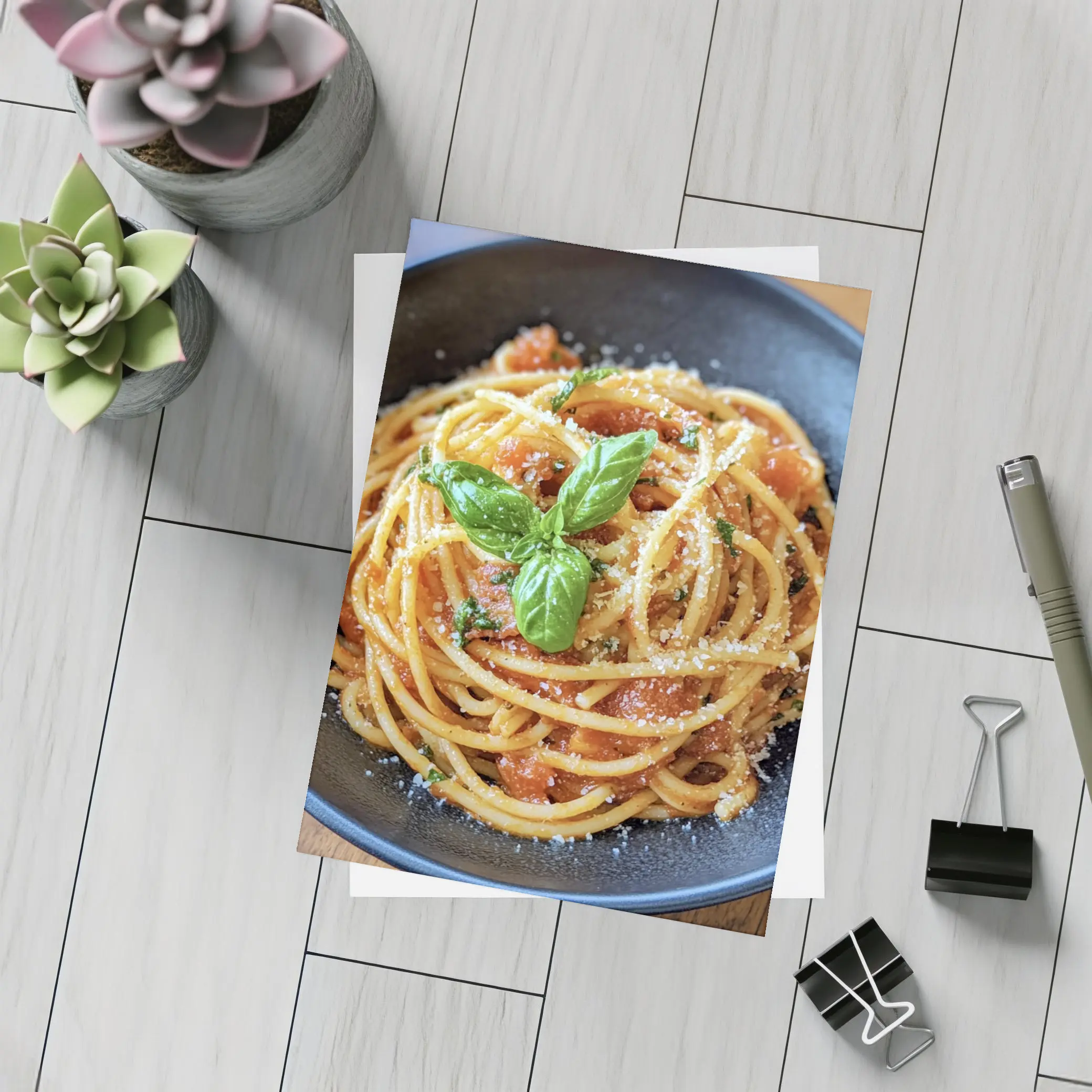 Spaghetti Tomato Sauce Basil Parmesan Dark Bowl – Postcards