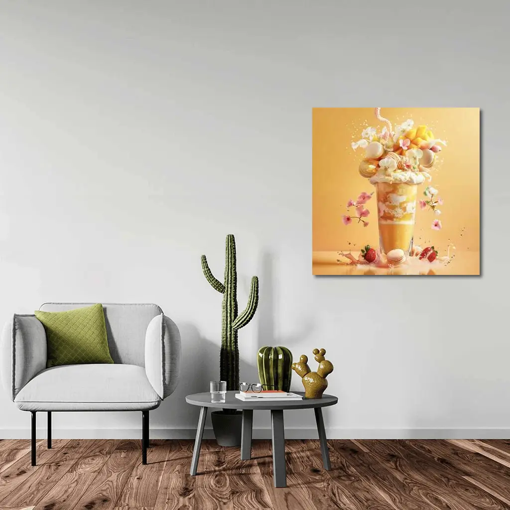 Mango Milkshake With Macarons And Flowers – Wall Art