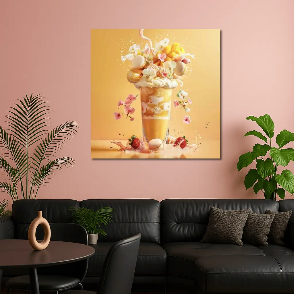 Mango Milkshake With Macarons And Flowers – Wall Art
