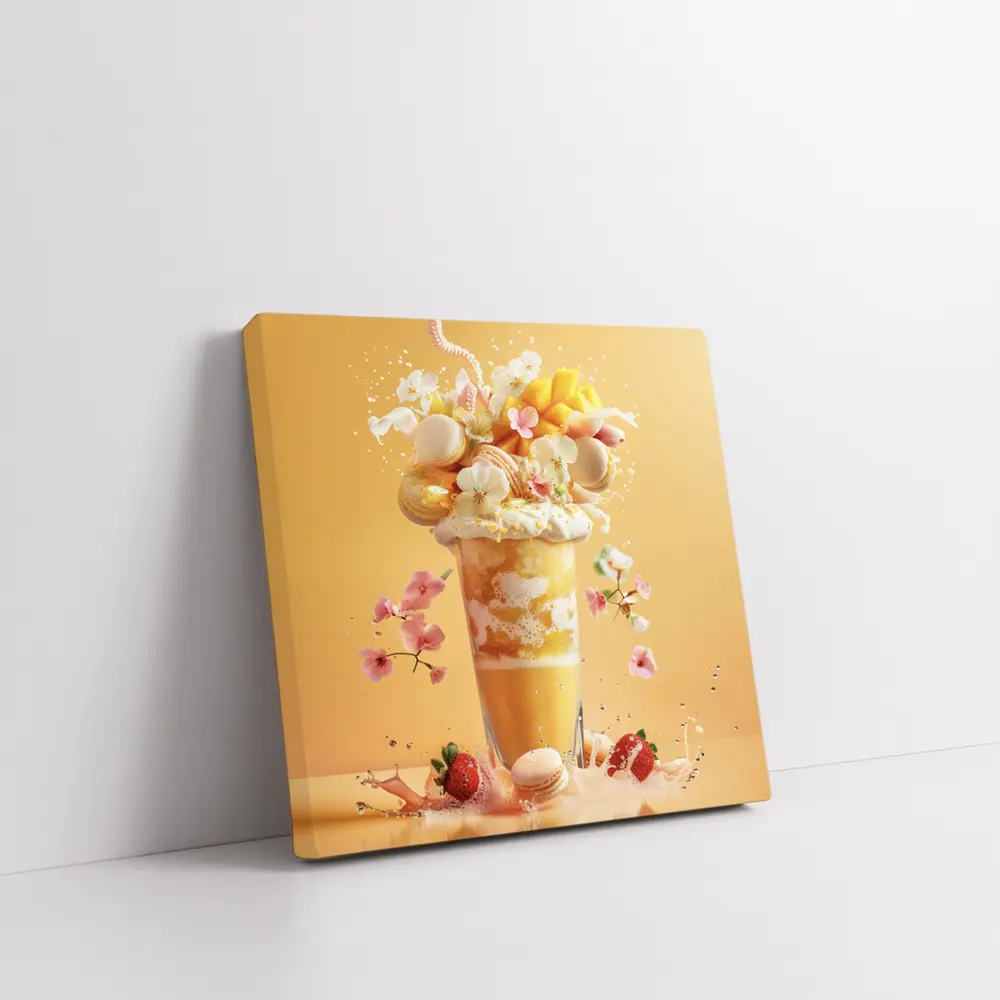 Mango Milkshake With Macarons And Flowers – Wall Art