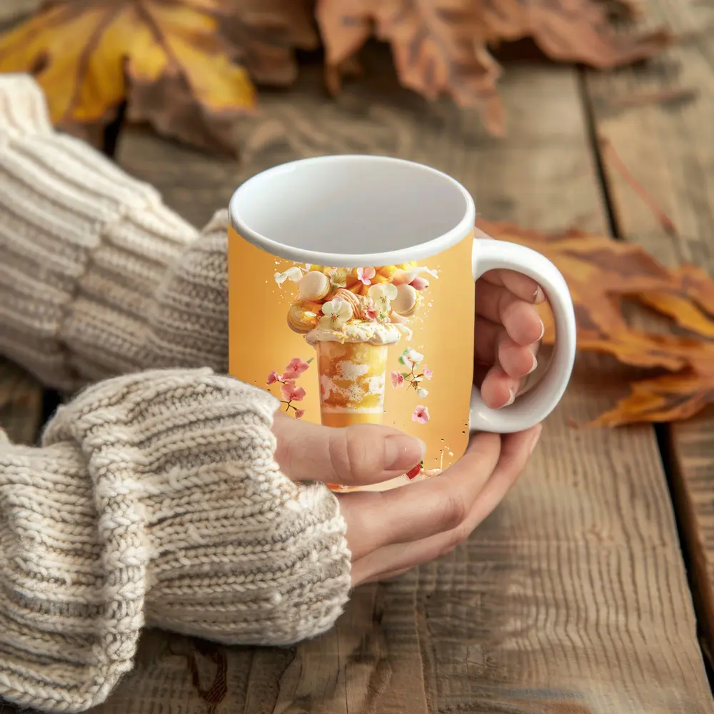 Mango Milkshake With Macarons And Flowers – Mugs