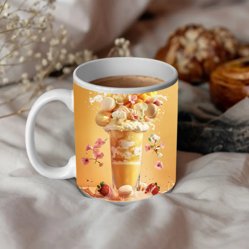 Mango Milkshake With Macarons And Flowers – Mugs