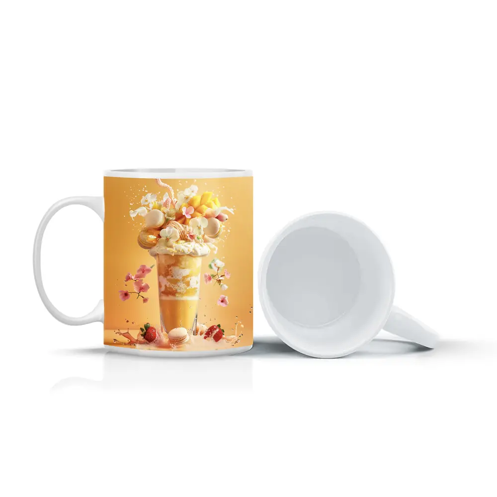 Mango Milkshake With Macarons And Flowers – Mugs
