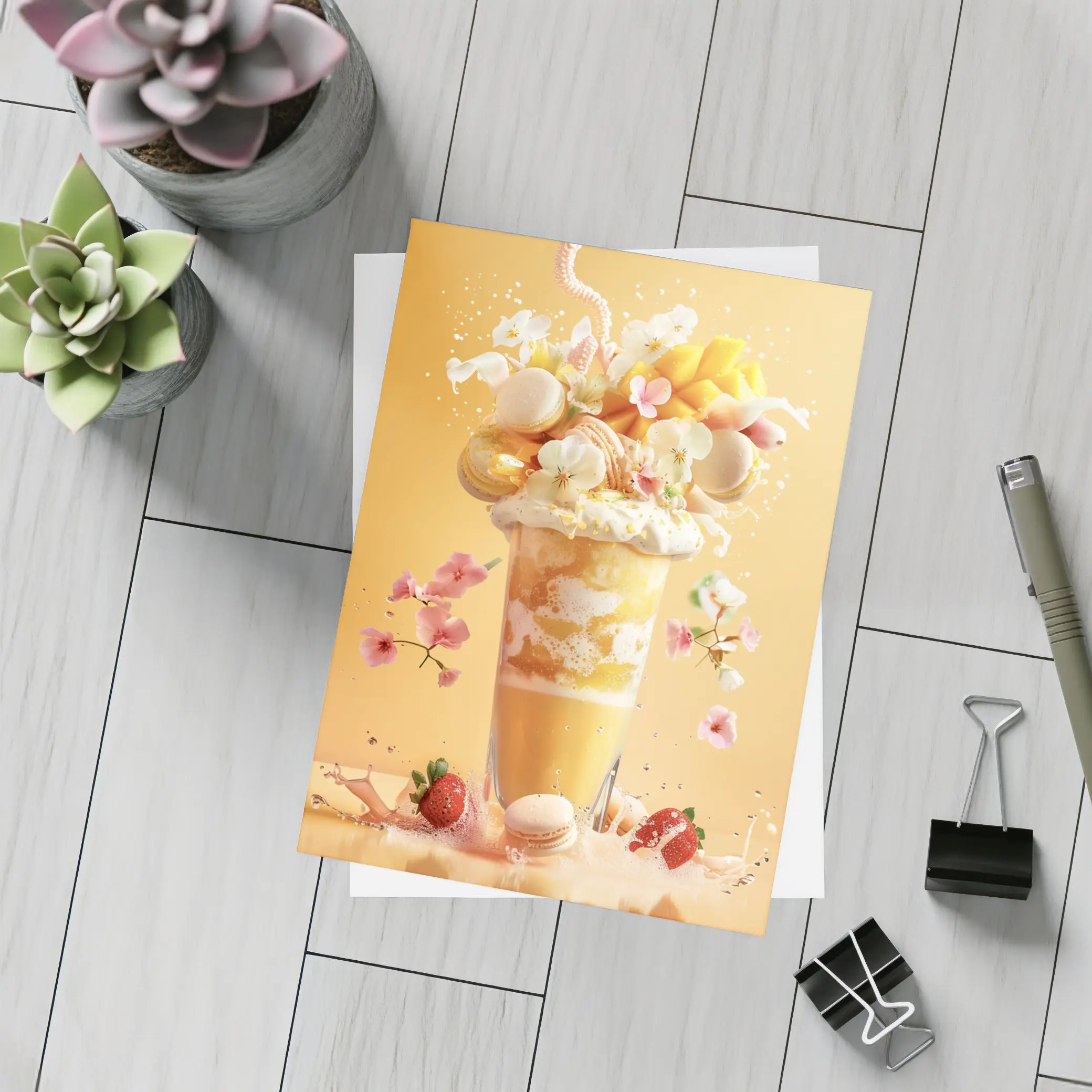 Mango Milkshake With Macarons And Flowers – Postcards