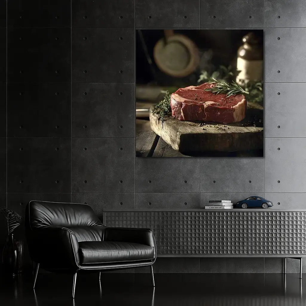 Raw Ribeye Steak Rustic Wooden Board Herbs – Wall Art