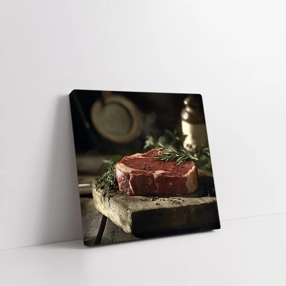 Raw Ribeye Steak Rustic Wooden Board Herbs – Wall Art