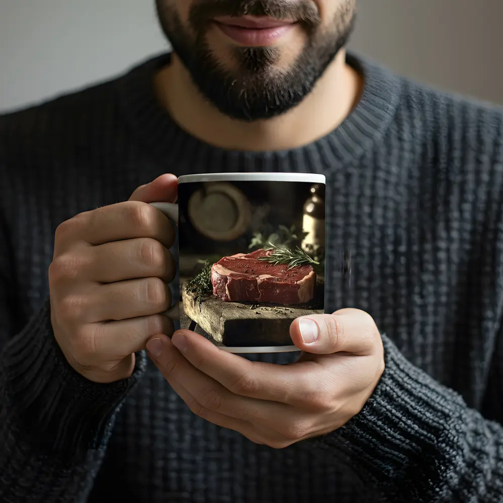 Raw Ribeye Steak Rustic Wooden Board Herbs – Mugs