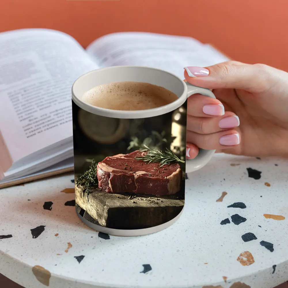 Raw Ribeye Steak Rustic Wooden Board Herbs – Mugs