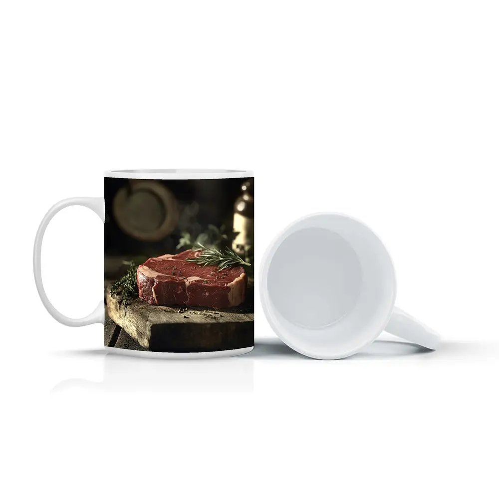 Raw Ribeye Steak Rustic Wooden Board Herbs – Mugs