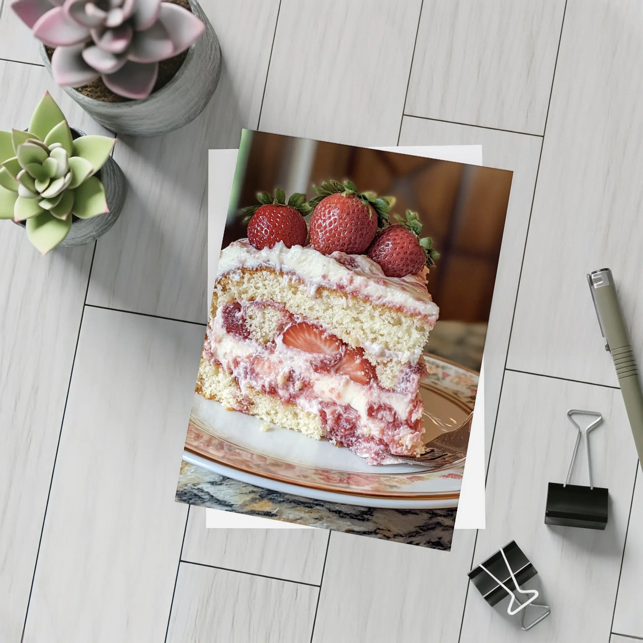 Strawberry Cream Cake Slice Floral Plate – Postcards