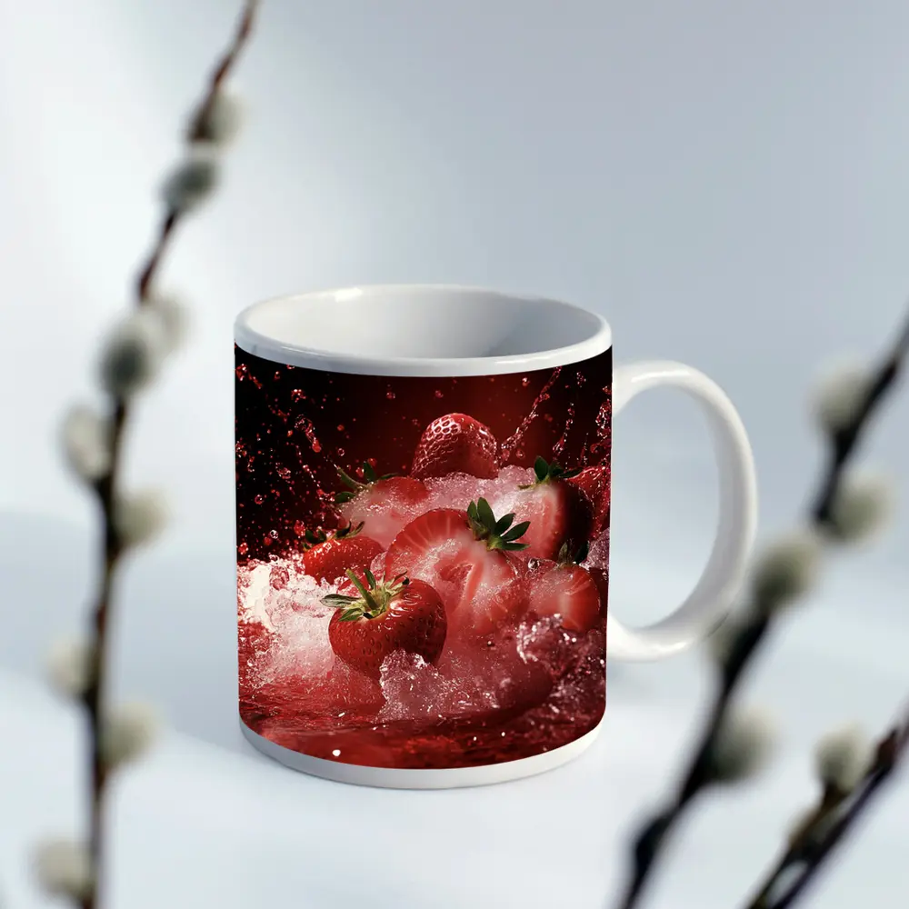 Fresh Strawberries Splashing in Red Juice – Mugs