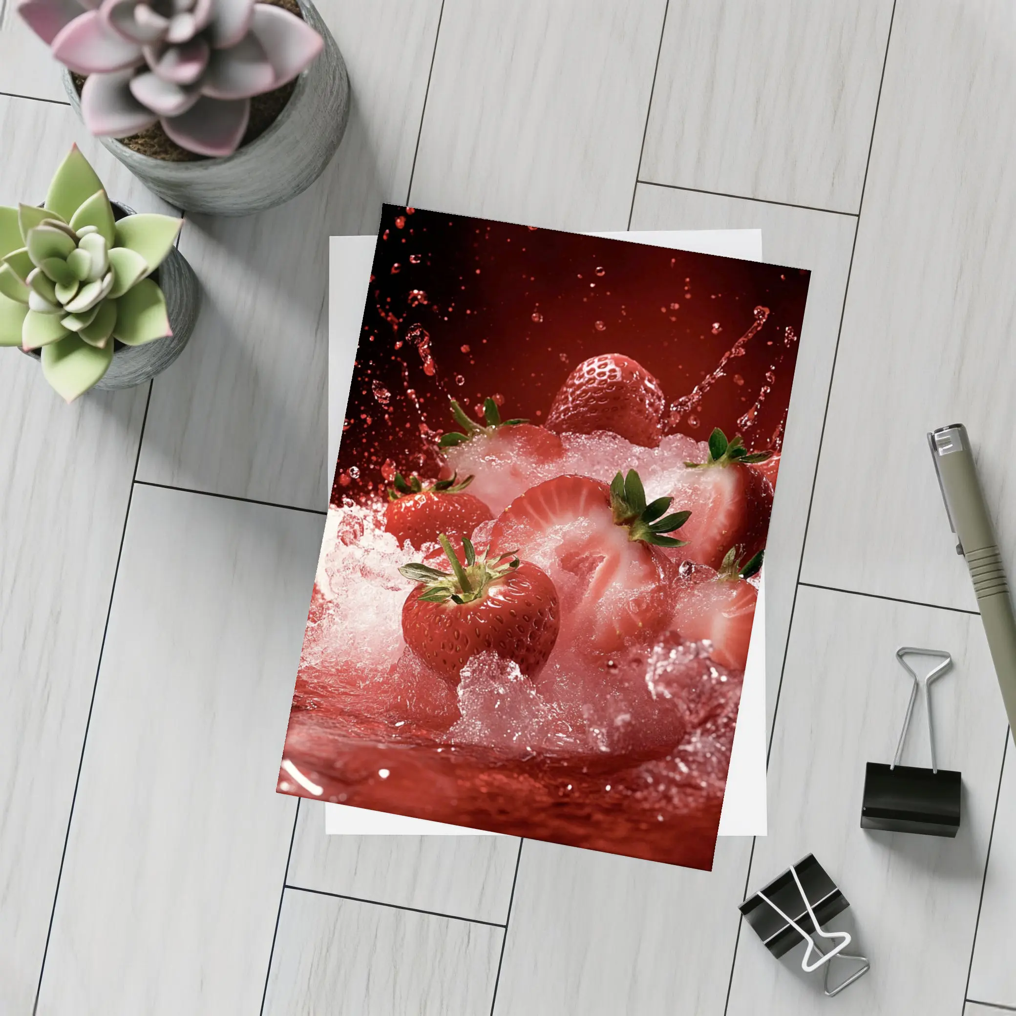 Fresh Strawberries Splashing in Red Juice – Postcards