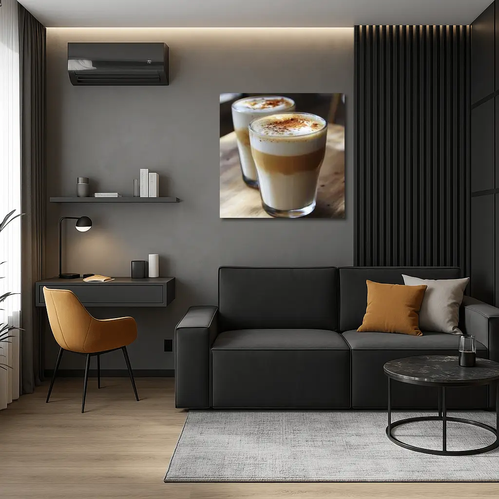 Layered Latte Coffee Glasses On Wood Table – Wall Art