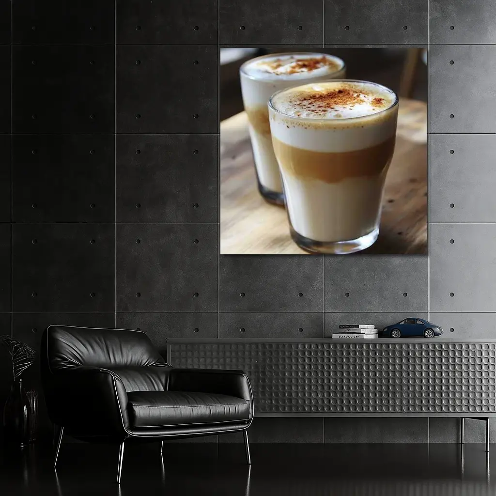 Layered Latte Coffee Glasses On Wood Table – Wall Art