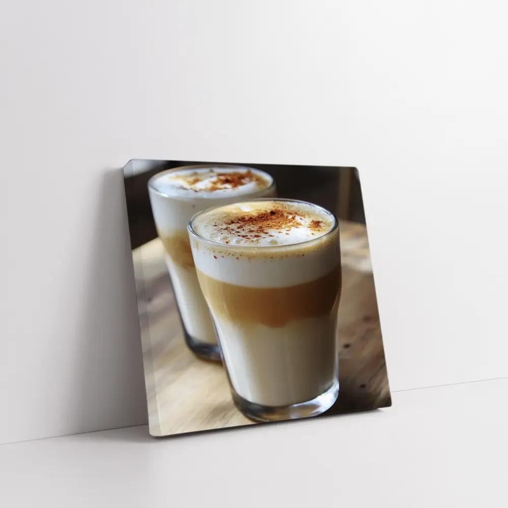 Layered Latte Coffee Glasses On Wood Table – Wall Art