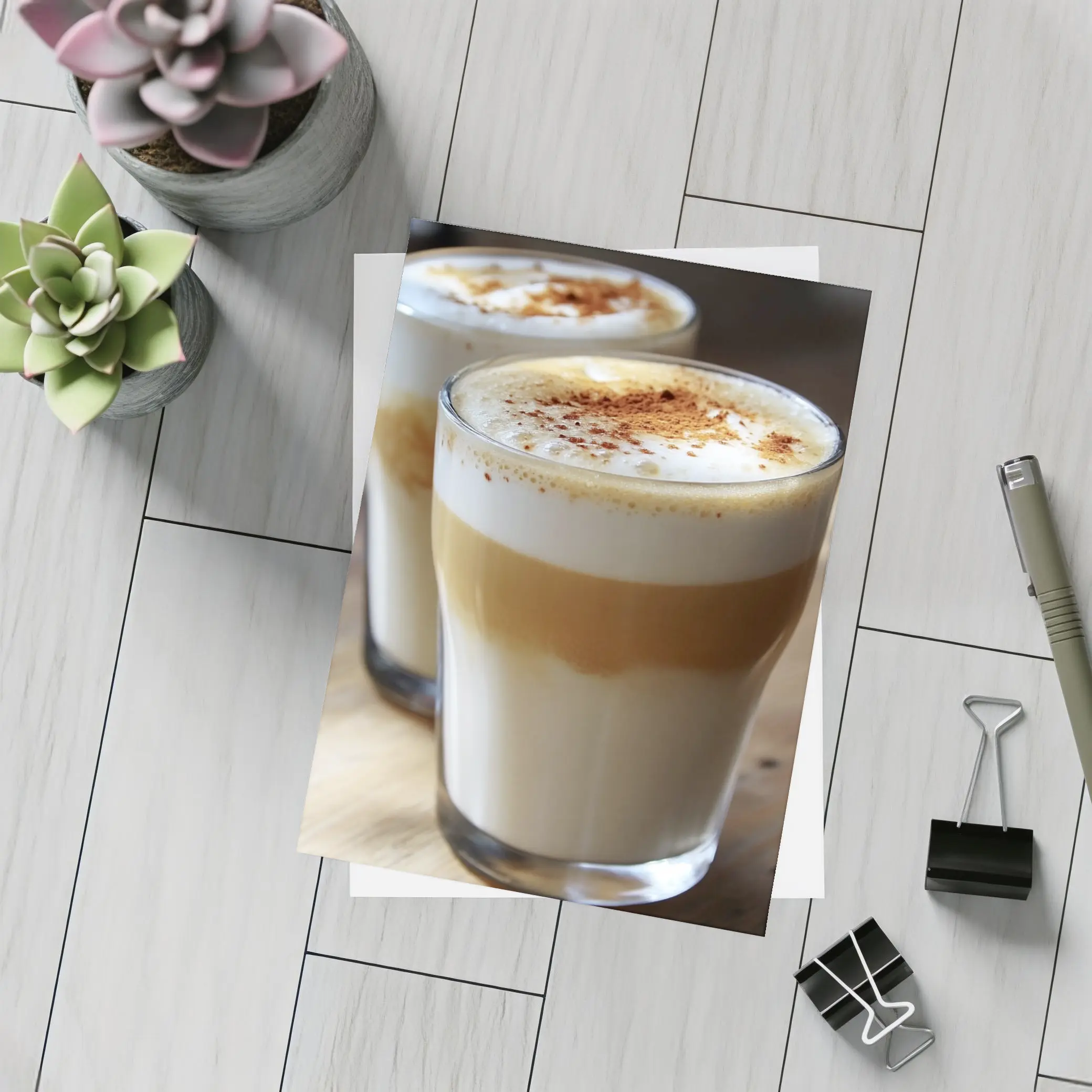 Layered Latte Coffee Glasses On Wood Table – Postcards