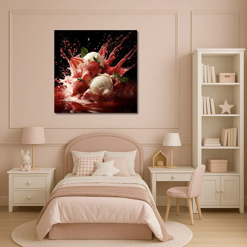 Vanilla Ice Cream Strawberry Splash Dark Background – Wall Art