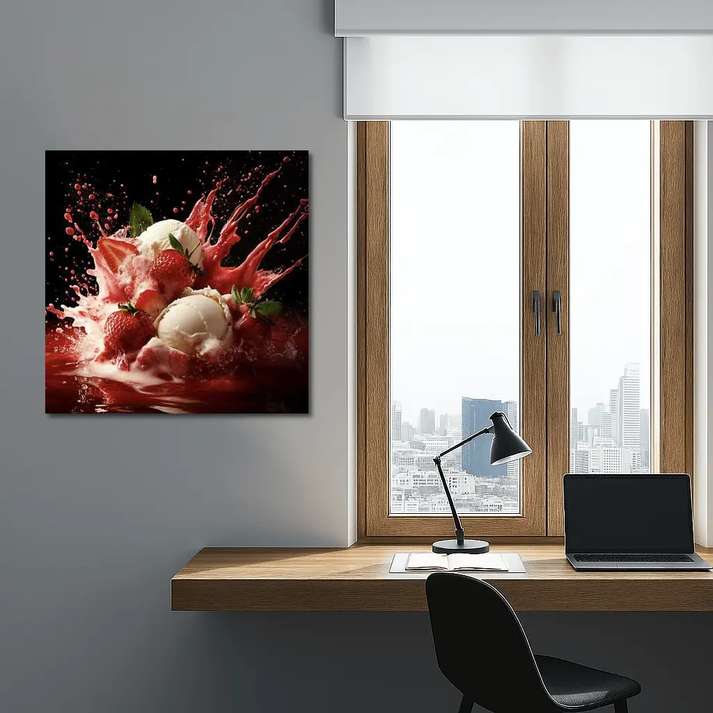 Vanilla Ice Cream Strawberry Splash Dark Background – Wall Art