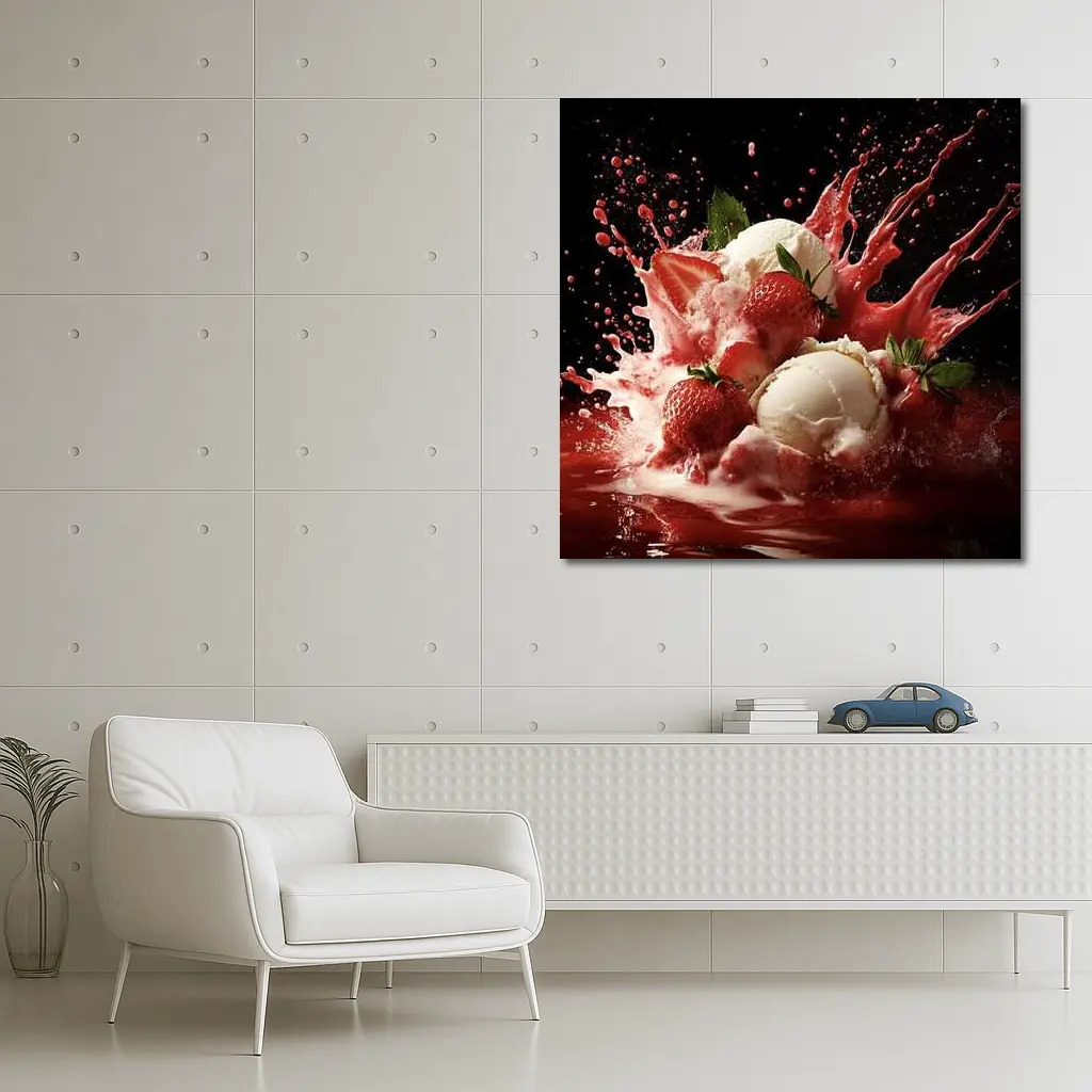 Vanilla Ice Cream Strawberry Splash Dark Background – Wall Art