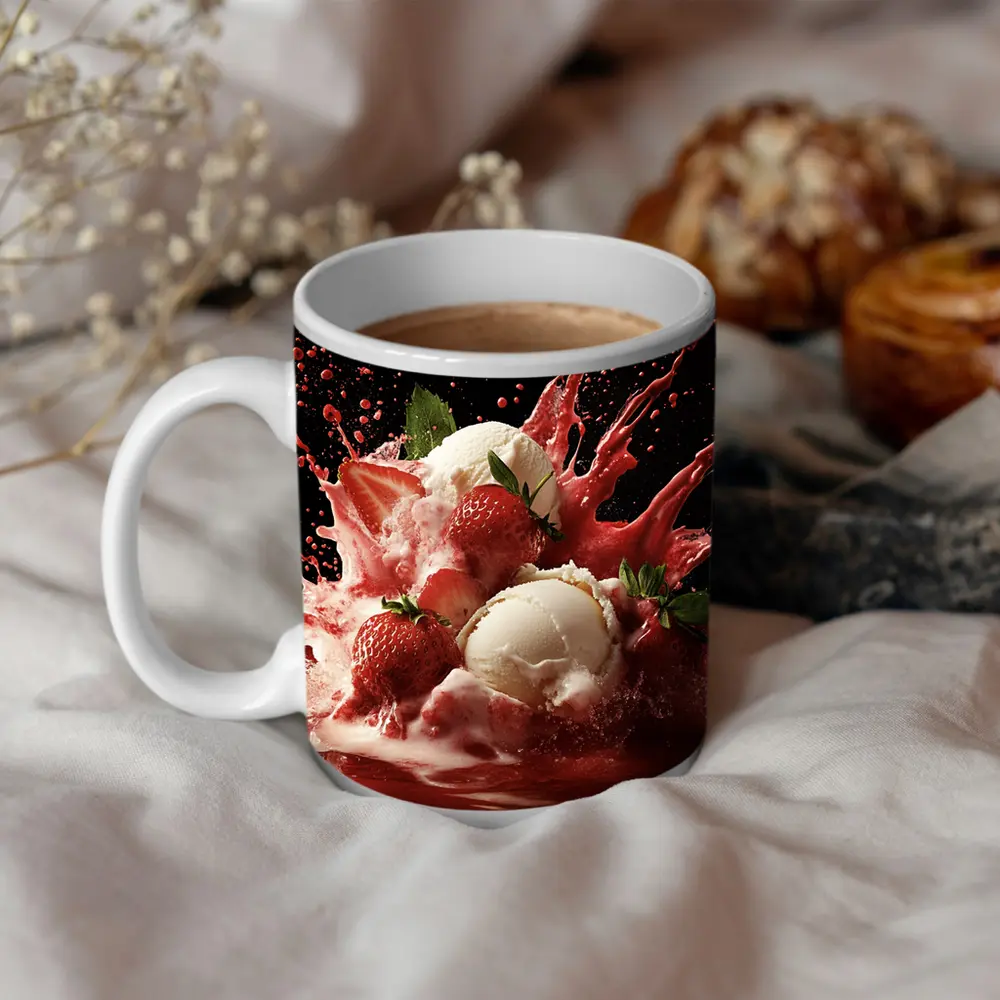 Vanilla Ice Cream Strawberry Splash Dark Background – Mugs