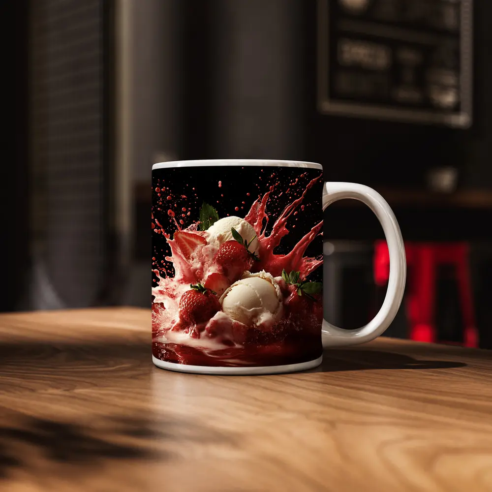 Vanilla Ice Cream Strawberry Splash Dark Background – Mugs