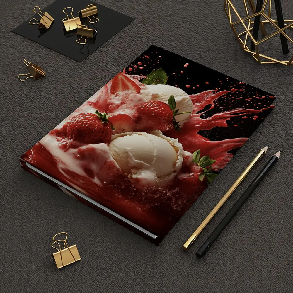 Vanilla Ice Cream Strawberry Splash Dark Background – Notebooks