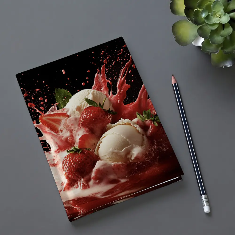 Vanilla Ice Cream Strawberry Splash Dark Background – Notebooks