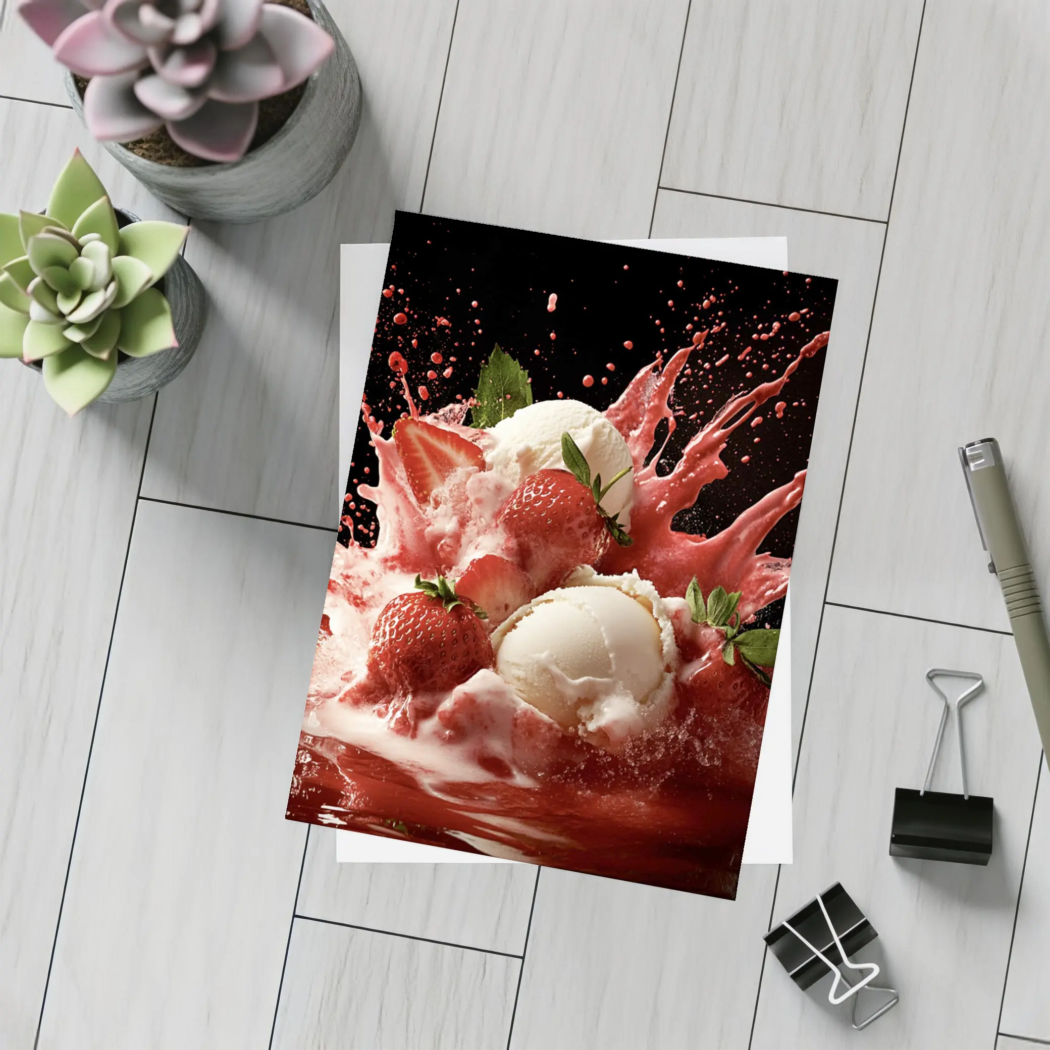 Vanilla Ice Cream Strawberry Splash Dark Background – Postcards