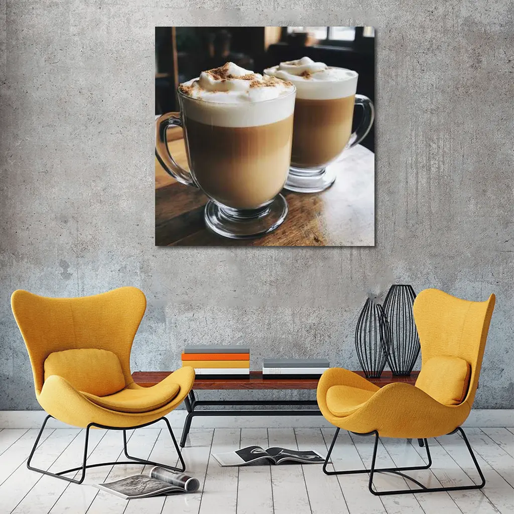 Latte Coffee Mugs on Wooden Table – Wall Art