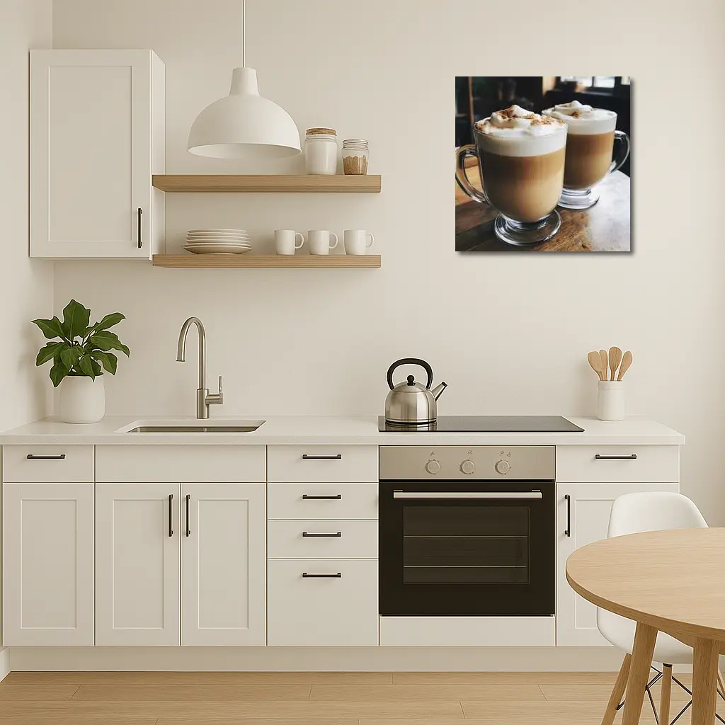Latte Coffee Mugs on Wooden Table – Wall Art