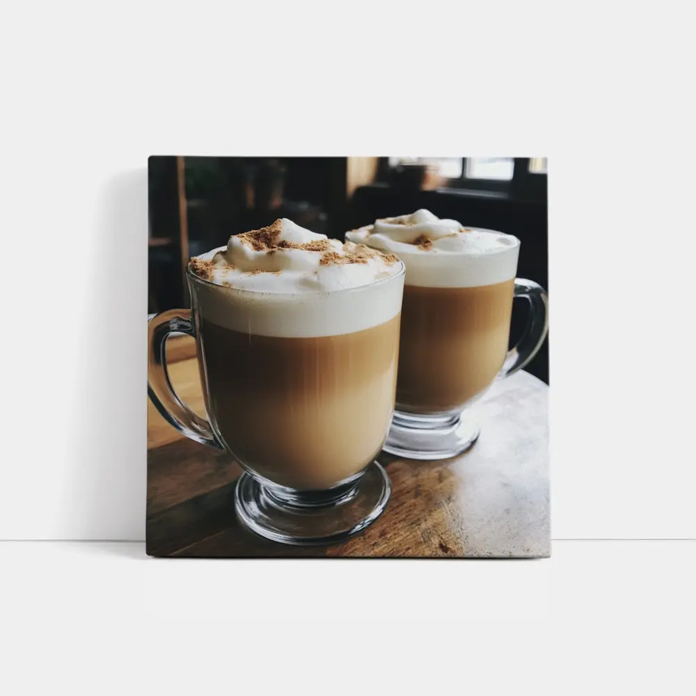 Latte Coffee Mugs on Wooden Table – Wall Art