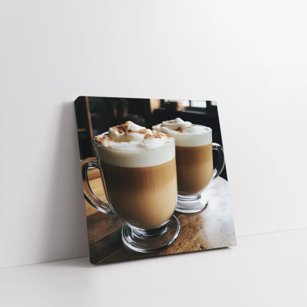 Latte Coffee Mugs on Wooden Table – Wall Art