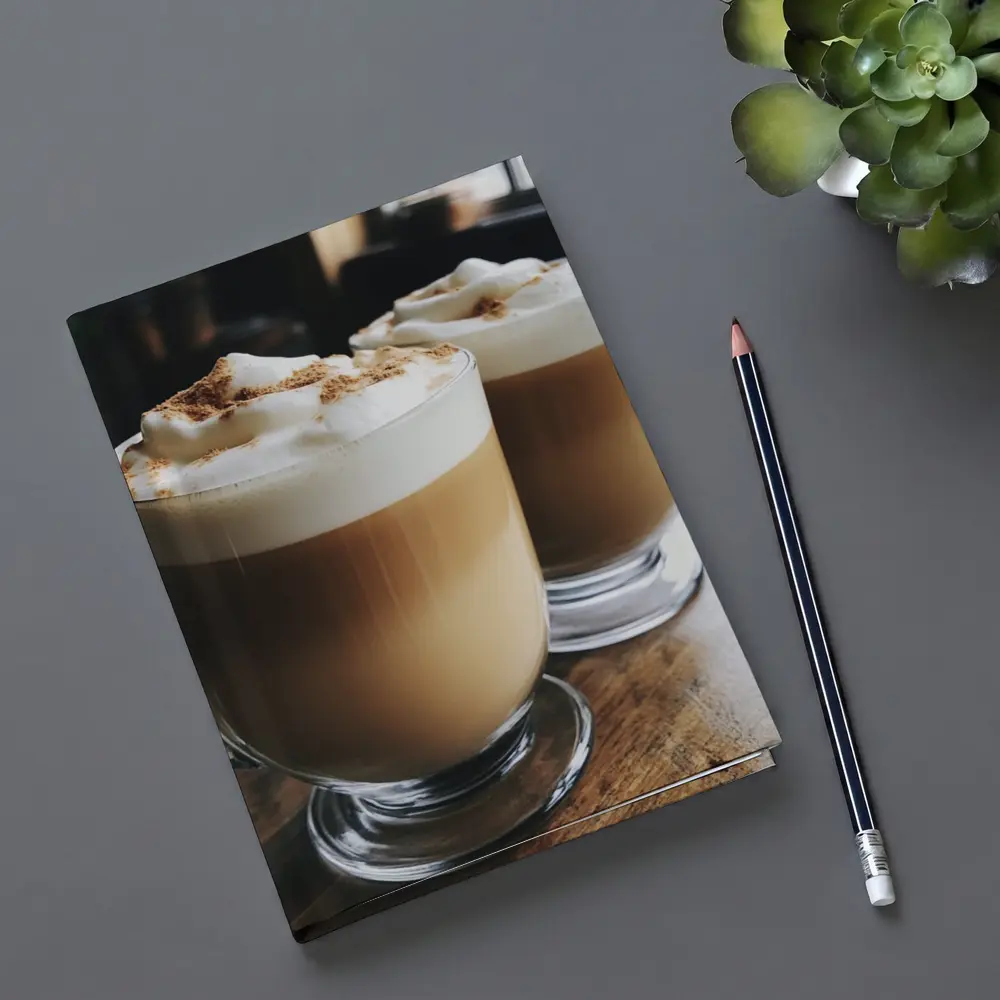 Latte Coffee Mugs on Wooden Table – Notebooks