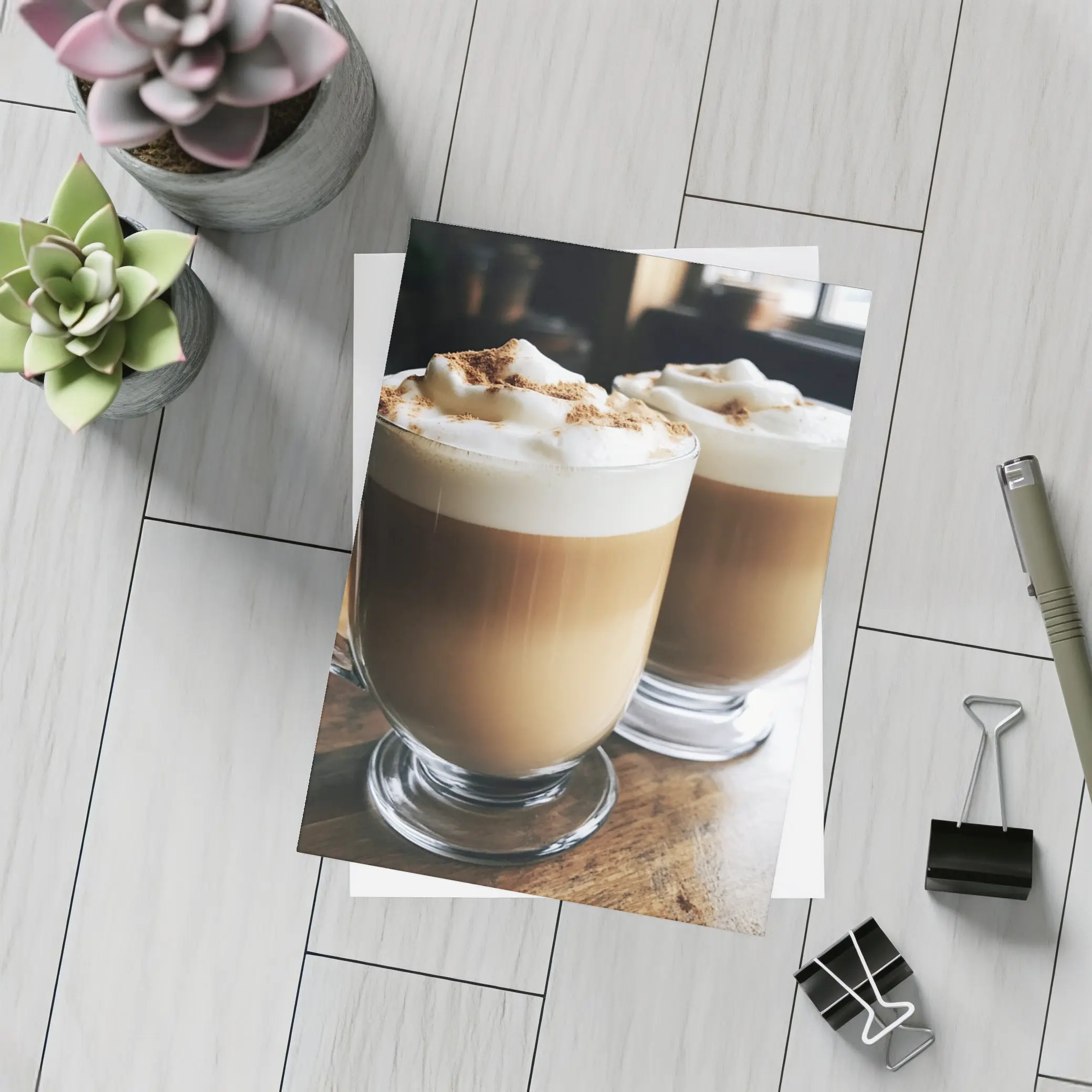 Latte Coffee Mugs on Wooden Table – Postcards