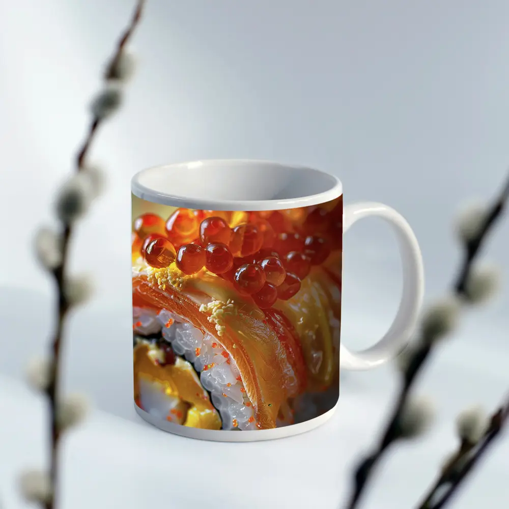 Salmon Sushi Roll With Ikura Roe Closeup – Mugs