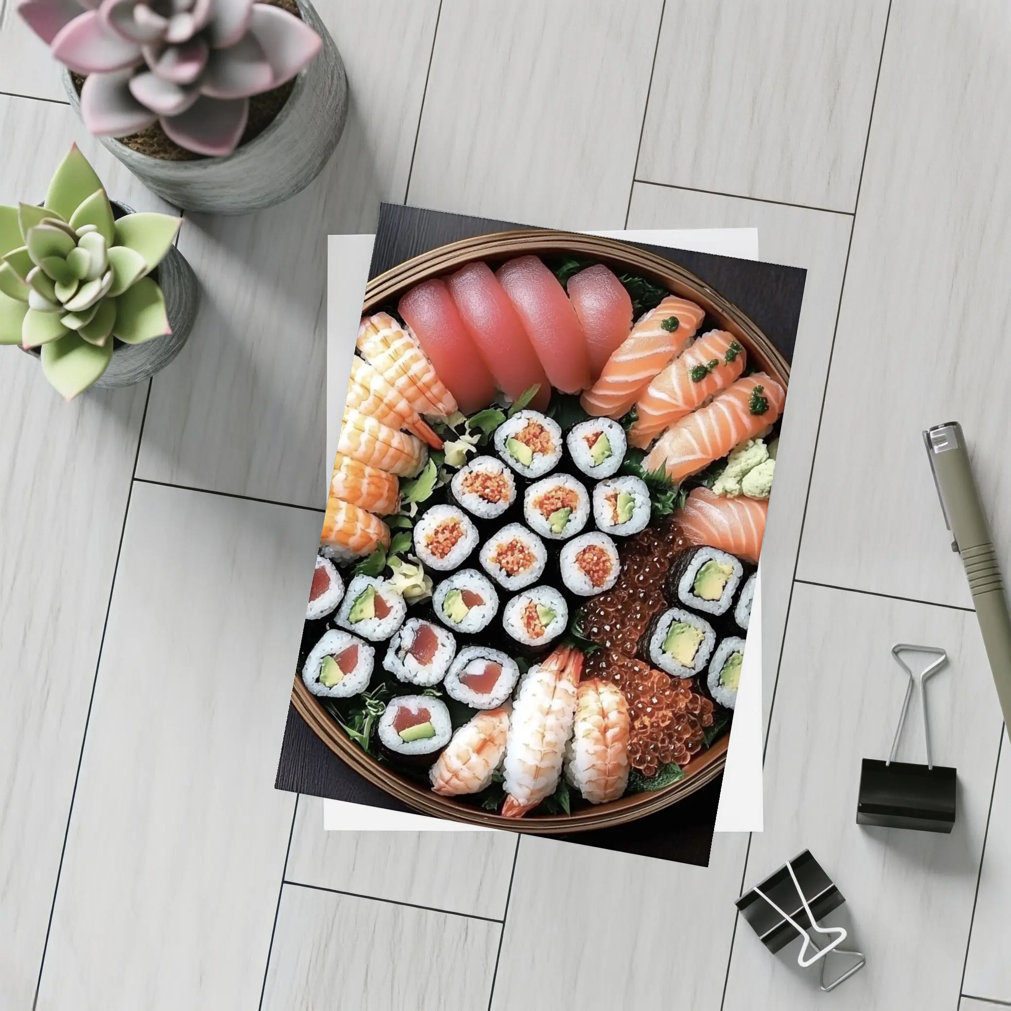 Sushi Platter Assortment on Dark Table – Postcards