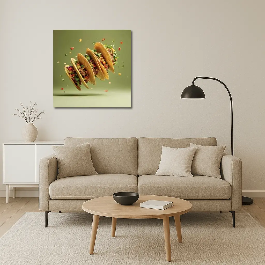 Flying Tacos With Colorful Toppings Green Background – Wall Art