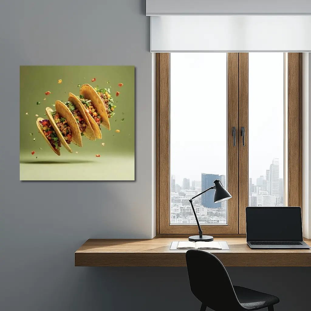 Flying Tacos With Colorful Toppings Green Background – Wall Art