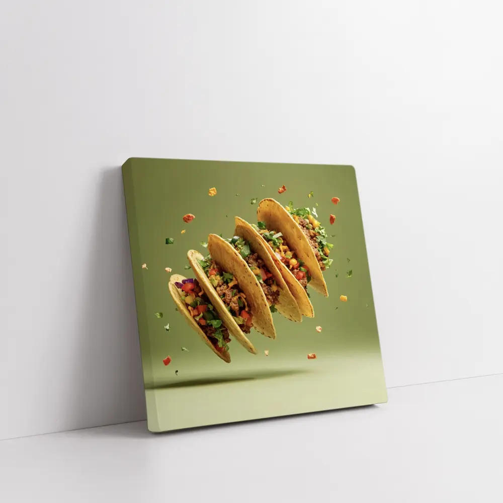 Flying Tacos With Colorful Toppings Green Background – Wall Art