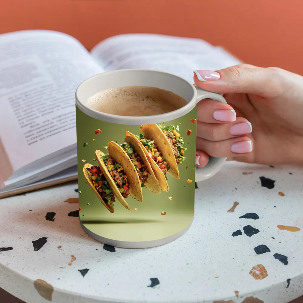 Flying Tacos With Colorful Toppings Green Background – Mugs