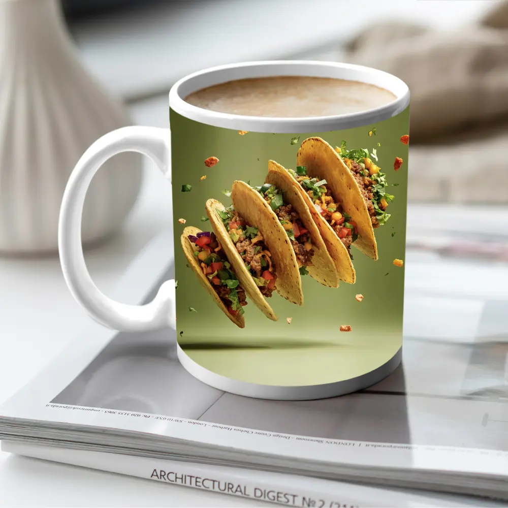 Flying Tacos With Colorful Toppings Green Background – Mugs