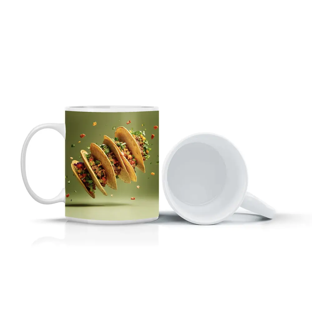 Flying Tacos With Colorful Toppings Green Background – Mugs