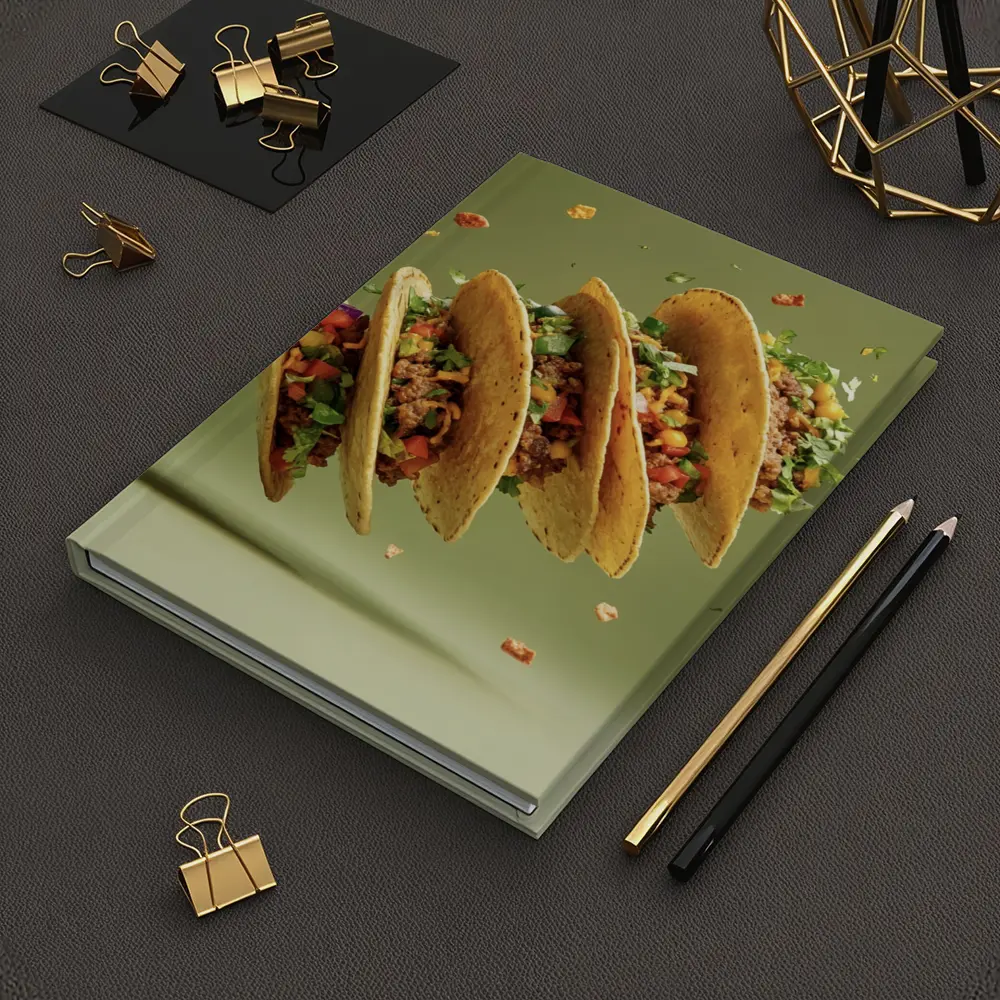 Flying Tacos With Colorful Toppings Green Background – Notebooks