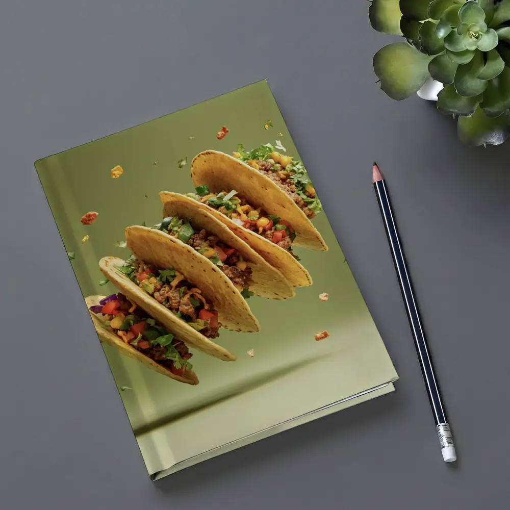 Flying Tacos With Colorful Toppings Green Background – Notebooks