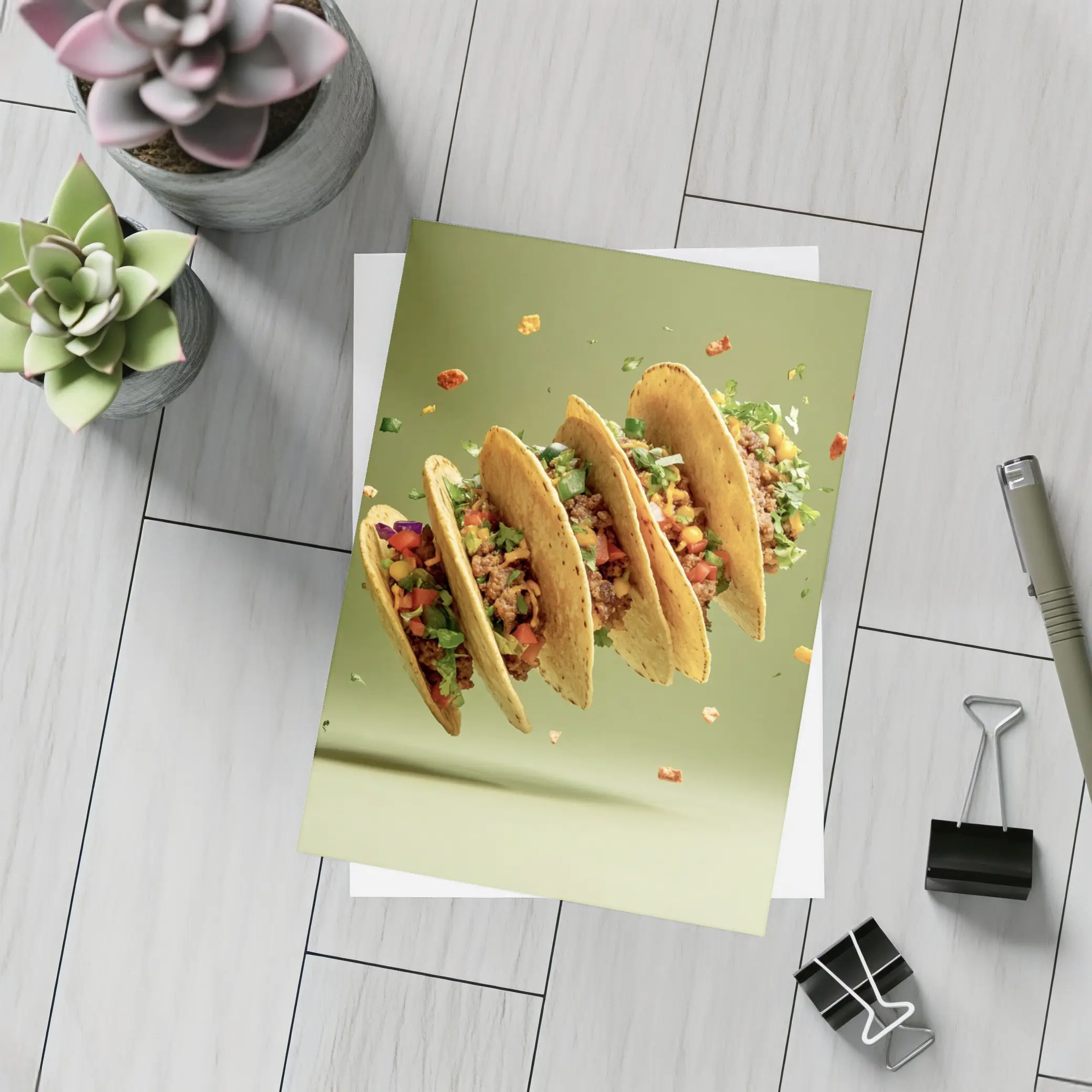Flying Tacos With Colorful Toppings Green Background – Postcards