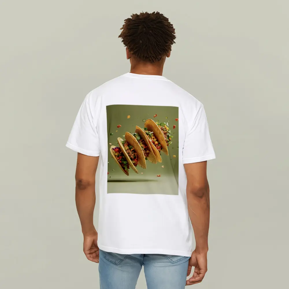 Flying Tacos With Colorful Toppings Green Background – T-Shirts