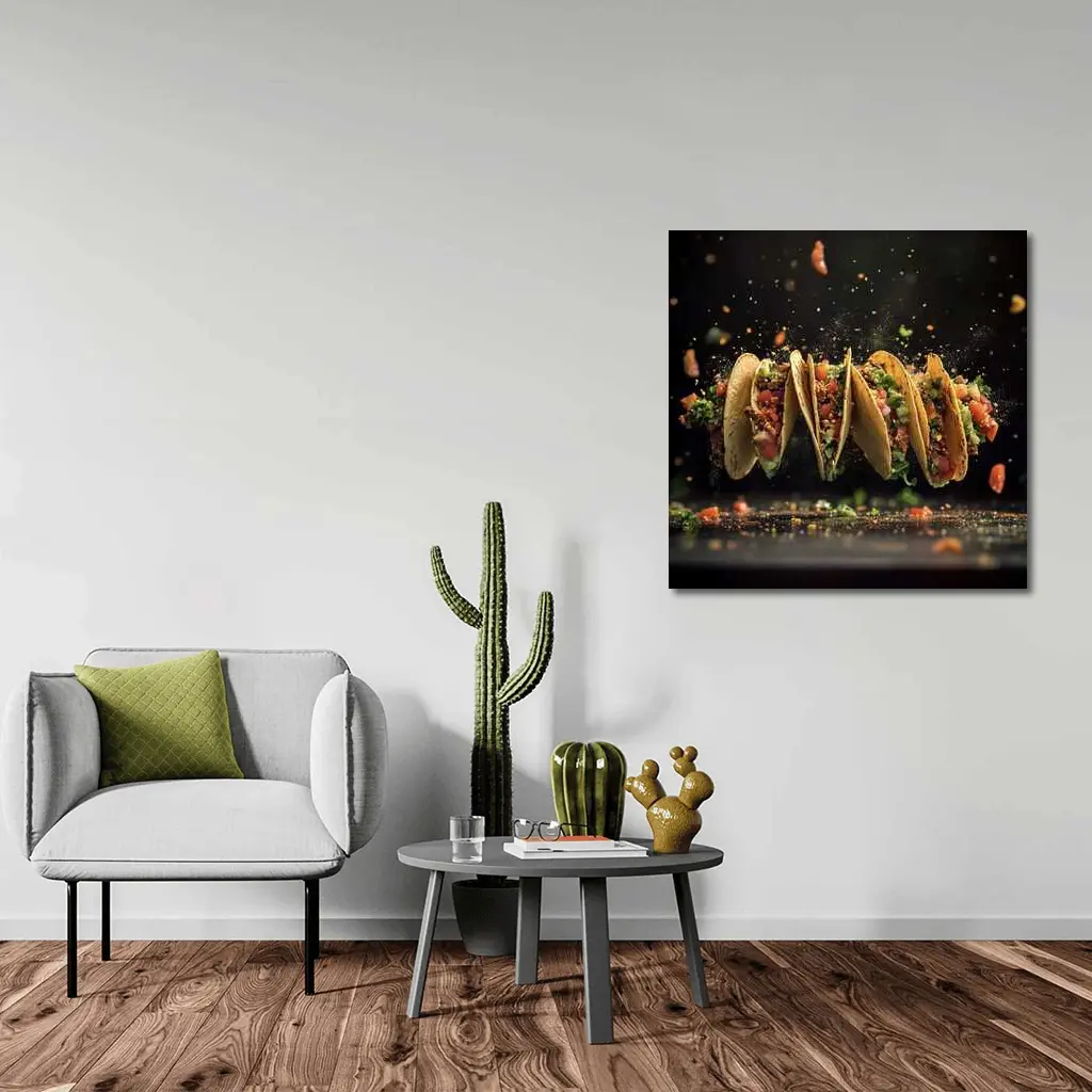Flying Tacos Dark Background Food Art – Wall Art