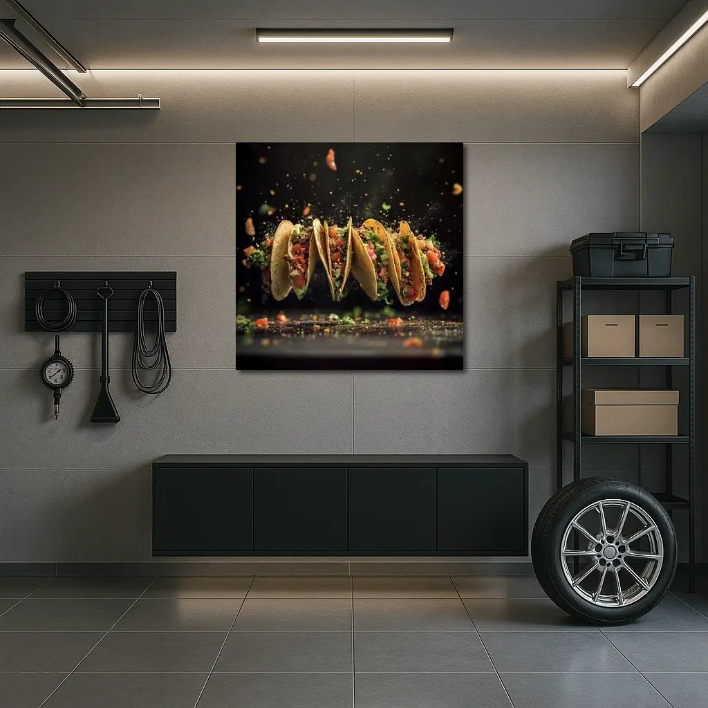 Flying Tacos Dark Background Food Art – Wall Art