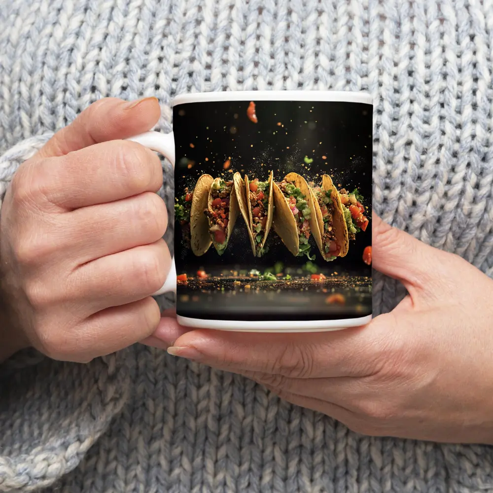 Flying Tacos Dark Background Food Art – Mugs