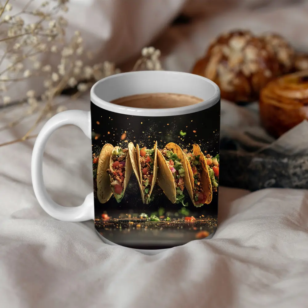 Flying Tacos Dark Background Food Art – Mugs